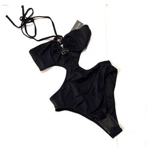 Prettylittlething Black Ring Detail Bandeau Cutout Swimsuit Size 2 New